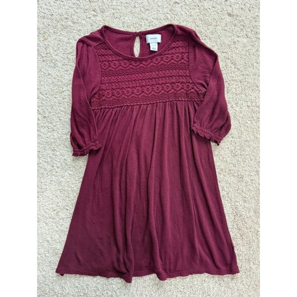 Old Navy Girls Burgundy Crochet Lace Yoke Babydoll Dress S (6-7)